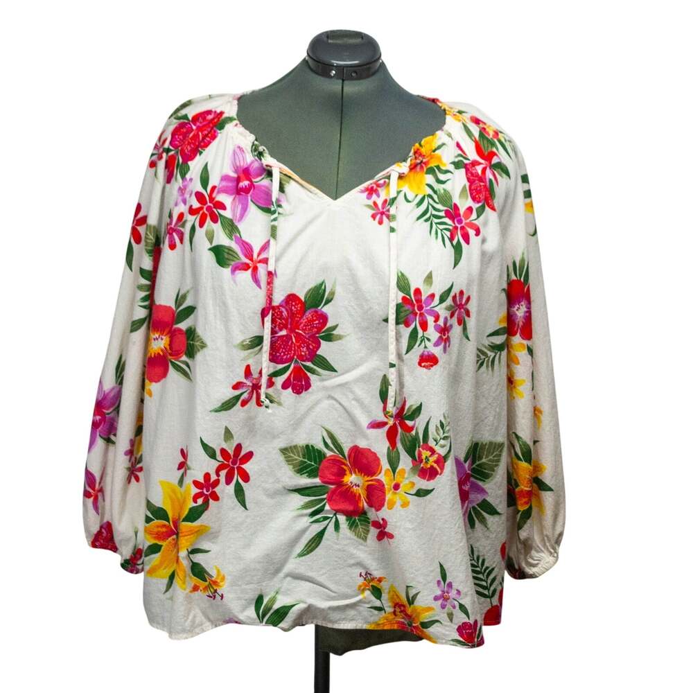 Old Navy Floral Peasant Blouse Size XXL White Tropical Tie Neck Boho Top Cotton